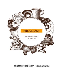 Vector design with different food for breakfast menu. Vintage background with ink hand drawn food illustration isolated on white.