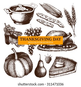 Vector design with different food for Thanksgiving Day menu. Vintage background with ink hand drawn food illustration isolated on white.