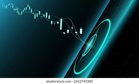Vector design. Digital trading candlestick chart moving into glowing circular target. Concept of investment forecasting, algorithmic trading, data analysis, market trend detection.
