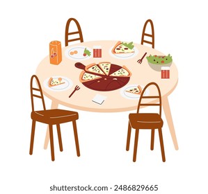 Vector design of the dining table. Chairs, pizza with mushrooms, tomatoes and mozzarella, cherry juice, glasses, salad on a white background.