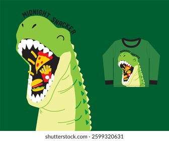 Vector design of dinosaur eating fast food. pizza, 
French fries, hamburger. midnight snackers. Dino. hungry dinosaur. good for textile use, boy clothes, pajamas.