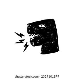 vector design of a dinosaur head spitting something out of its mouth, hand drawn doodle style and black and white. Suitable for t-shirt design