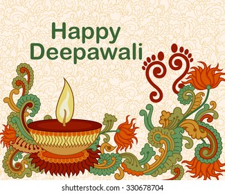Vector design of Diwali decorated diya in Indian art style