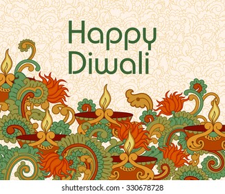 Vector design of Diwali decorated diya in Indian art style