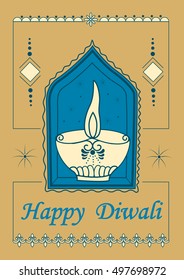 Vector design of Diwali decorated diya for light festival of India in Indian art style