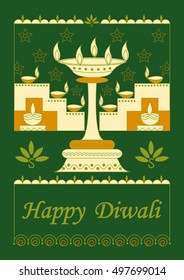 Vector design of Diwali decorated diya for light festival of India in Indian art style