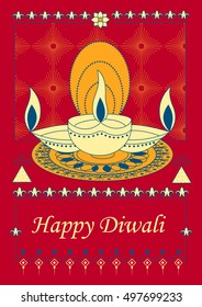 Vector design of Diwali decorated diya for light festival of India in Indian art style