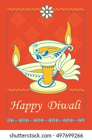 Vector design of Diwali decorated diya for light festival of India in Indian art style