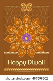 Vector design of Diwali decorated diya for light festival of India in Indian art style