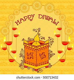 Vector design of Diwali decorated diya on Tulsi plant stand for light festival of India in Indian art style