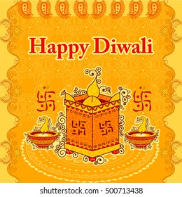 Vector design of Diwali decorated diya on Tulsi plant stand for light festival of India in Indian art style
