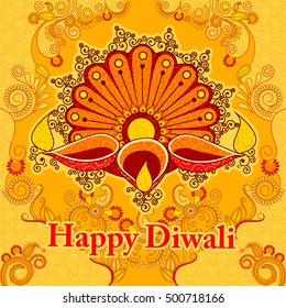 Vector design of Diwali decorated diya for light festival of India in Indian art style