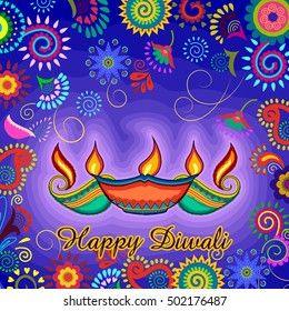 Vector design of Diwali decorated diya for light festival of India in Indian art style