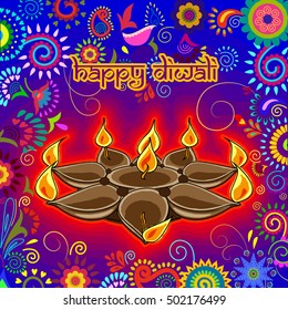 Vector design of Diwali decorated diya for light festival of India in Indian art style