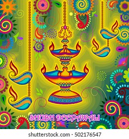 Vector design of Diwali decorated diya for light festival of India in Indian art style