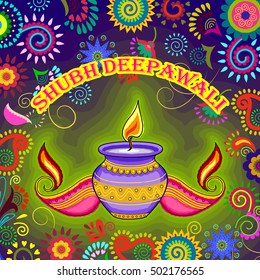 Vector design of Diwali decorated diya for light festival of India in Indian art style