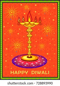 Vector design of Diwali decorated diya for light festival of India in Indian art style