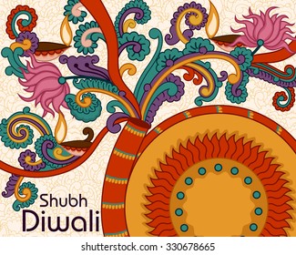 Vector design of Diwali decorated firecracker in Indian art style wishing Shubh Deepawali (Happy Diwali)