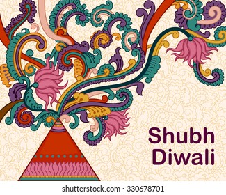 Vector design of Diwali decorated firecracker in Indian art style wishing Shubh Deepawali (Happy Diwali)