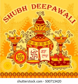 Vector design of Diwali decorated kalash and diya for light festival of India in Indian art style