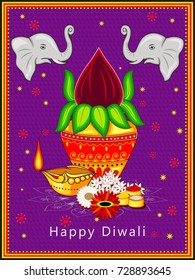 Vector design of Diwali decorated kalash and diya for light festival of India in Indian art style