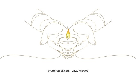 Vector design of diwali festival hands and lights. continuous line art style