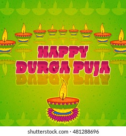 Vector design of Diya for Happy Durga Puja in Indian art style