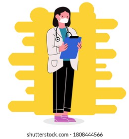 The vector design of a doctor checking for a patient with the corona virus is suitable for use in children's books and social media.