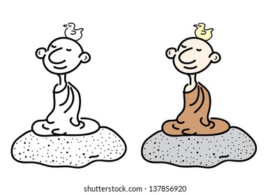 Vector design doodle cartoon of Buddhist monk sitting meditation on big stone with cute bird holding on head. Concept for zen and peaceful. One line art doodle black and white, one is colour.