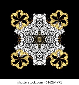 Vector design with doodles and golden elements. Christmas Stylized black Snowflakes on a White Background. Winter pattern.