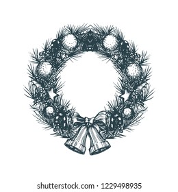 Vector design of drawn Christmas wreath. New Year illustration for greeting card template or poster concept.
