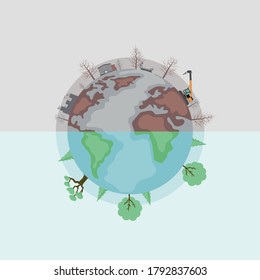 Vector design of earth divided into polluted and green