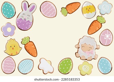 Vector design Easter gingerbread cookies. Rabbits, bunny, chicken and eggs with different pattern icing