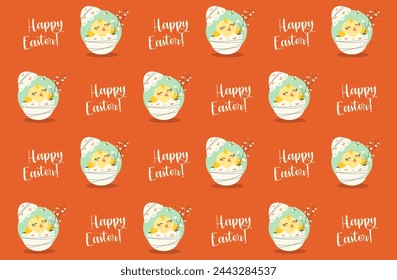 Vector design of Easter pattern of cute chick on orange background in eggshell and flower tree branch, seamless pattern, print on fabric, paper, holiday Easter pattern, Easter party decor