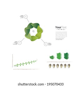 Vector design. Eco - green infographics page layout design with a sample chart graphics elements and a fresh branch illustration in the middle.