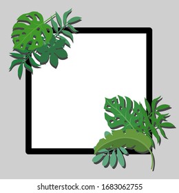 Vector design of an edge frame adorned with tropical palm leaves with space for your message.
