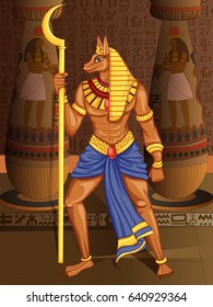 Vector design of Egyptian civilization King Pharaoh Anubis God on Egypt palace backdrop