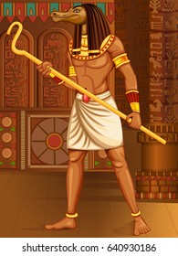 Vector design of Egyptian civilization King Pharaoh Sobek God on Egypt palace backdrop