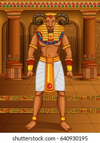 Vector design of Egyptian civilization King Pharaoh Khnum God on Egypt palace backdrop