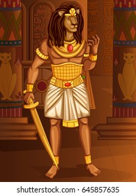 Vector design of Egyptian civilization King Pharaoh Maahes God on Egypt palace backdrop