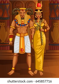 Vector design of Egyptian civilization King Pharaoh Khnum God with Queen on Egypt palace backdrop