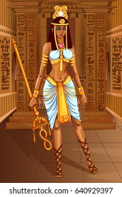 Vector design of Egyptian civilization Queen Goddess on Egypt palace backdrop