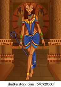 Vector design of Egyptian civilization Queen Goddess on Egypt palace backdrop