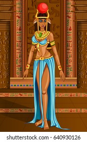 Vector design of Egyptian civilization Queen Goddess on Egypt palace backdrop