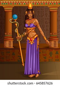 Vector design of Egyptian civilization Queen Goddess on Egypt palace backdrop