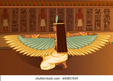 Vector design of Egyptian civilization Queen Goddess on Egypt palace backdrop