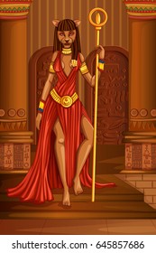 Vector design of Egyptian civilization Queen Goddess on Egypt palace backdrop