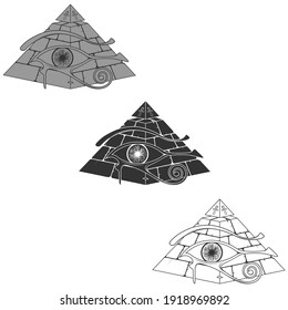 Vector design of egyptian pyramid silhouette, pyramid of the ancient with 3d eye of horus, ancient egyptian symbols, eye of horus, threaded cross, all on white background