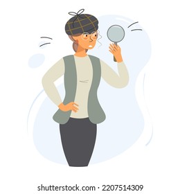 Vector Design With An Elderly Detective. Detective Agatha Christie In Shock. Surprised Woman In A Hat Holds A Magnifying Glass To Look. Detective Agency. Retro Style.