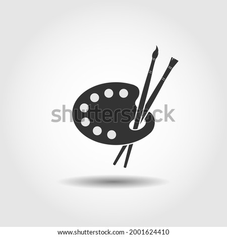 Vector design element. Art palette with brushes for creativity, learning, lessons, sketches. Gray icon with paint cells, drop shadow and gradient.